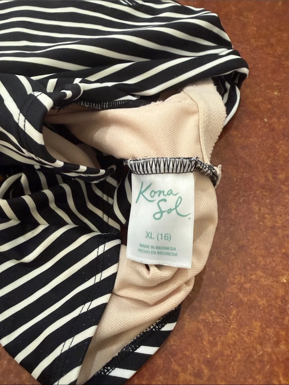 Kona Sol Black & White Striped High-Neck Bikini Top with Front Knot